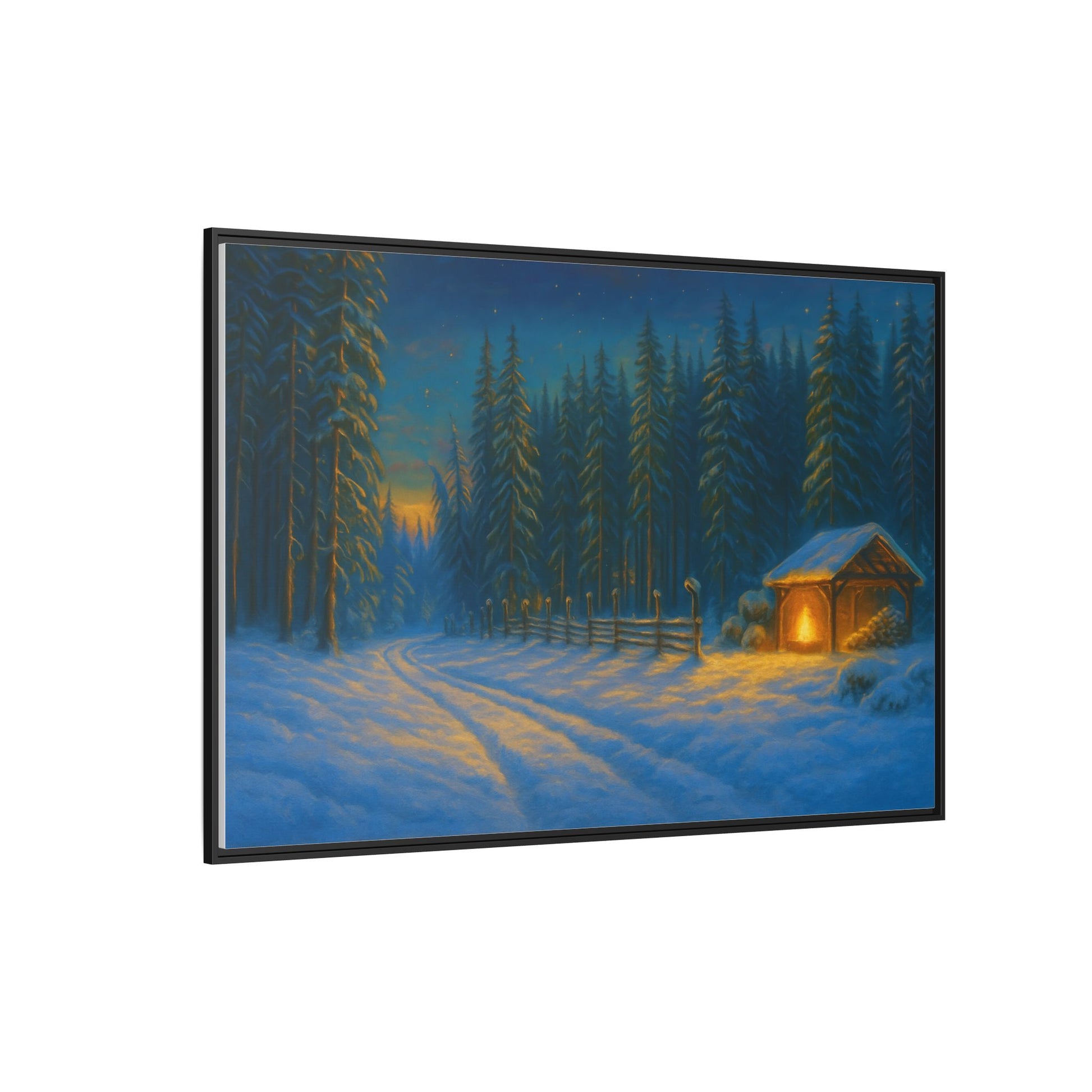 Winter cabin wall art on canvas, snowy forest evening scene with a matte framed print by Printify.