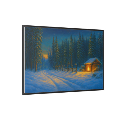Winter cabin wall art on canvas, snowy forest evening scene with a matte framed print by Printify.