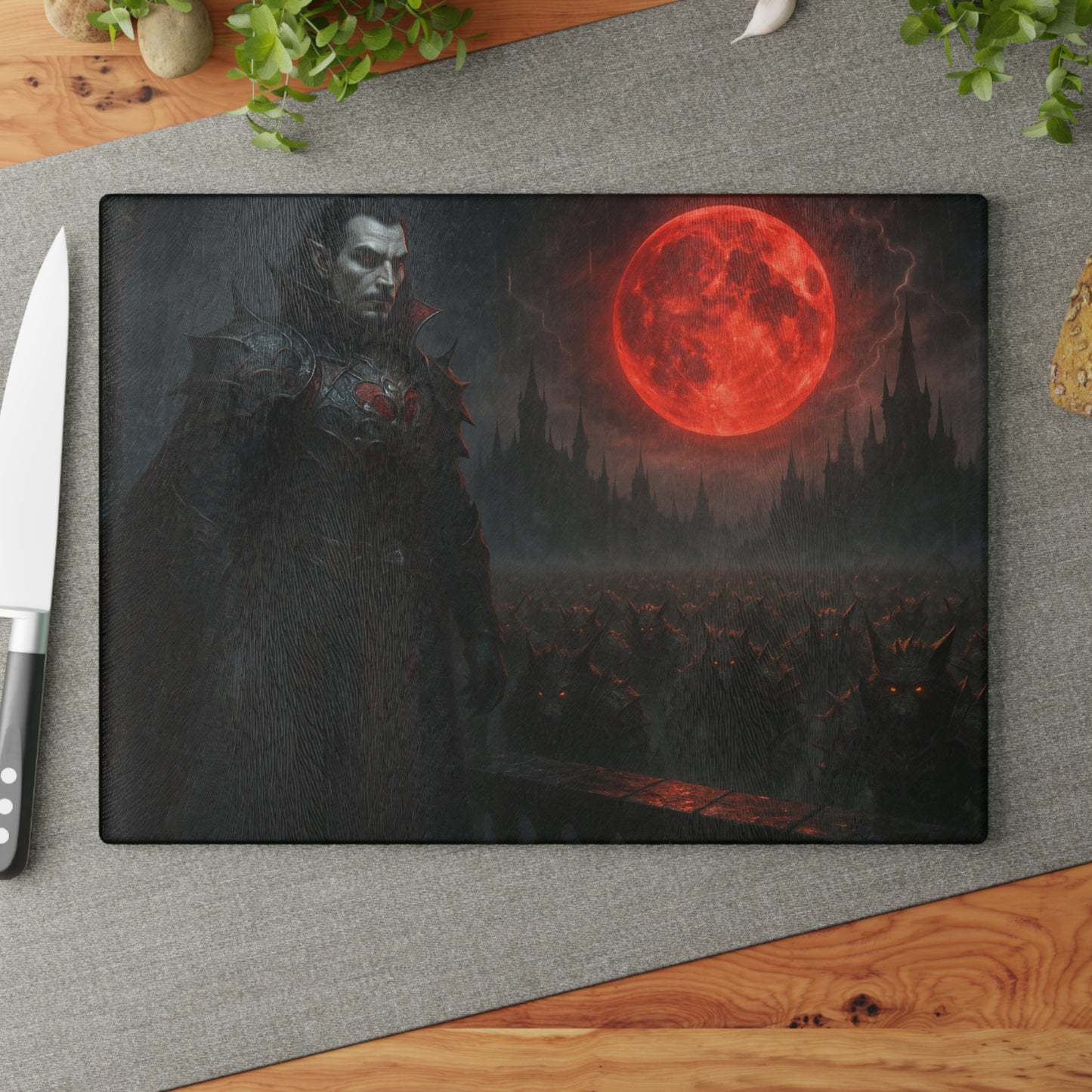 Vampire Blood Moon Glass Cutting Board — Gothic Kitchen Décor