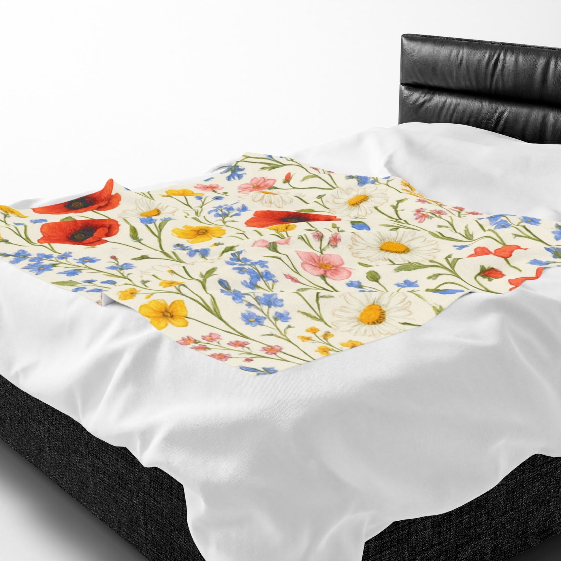 Wildflower Meadow velveteen plush blanket with all-over poppy daisy floral print, soft and cozy throw from Printify.
