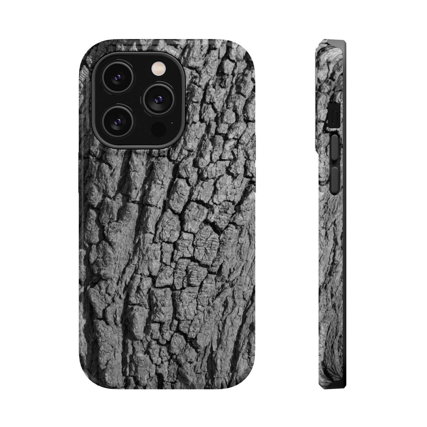 Bark texture phone case, close-up of grayscale print detail