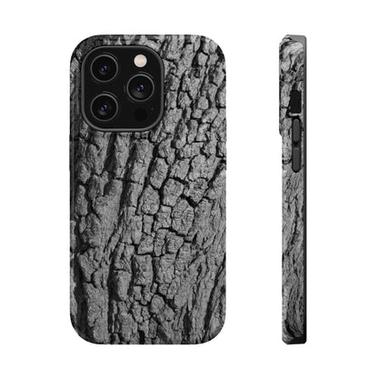Bark texture phone case, close-up of grayscale print detail