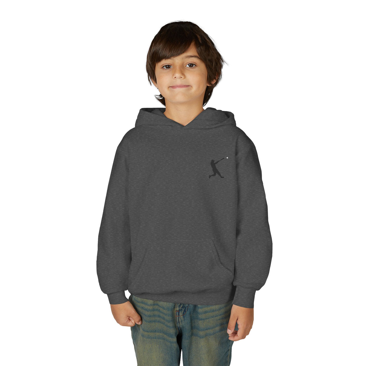 Youth baseball silhouette hoodie for kids, featuring a baseball player design on a comfortable pullover sweatshirt.