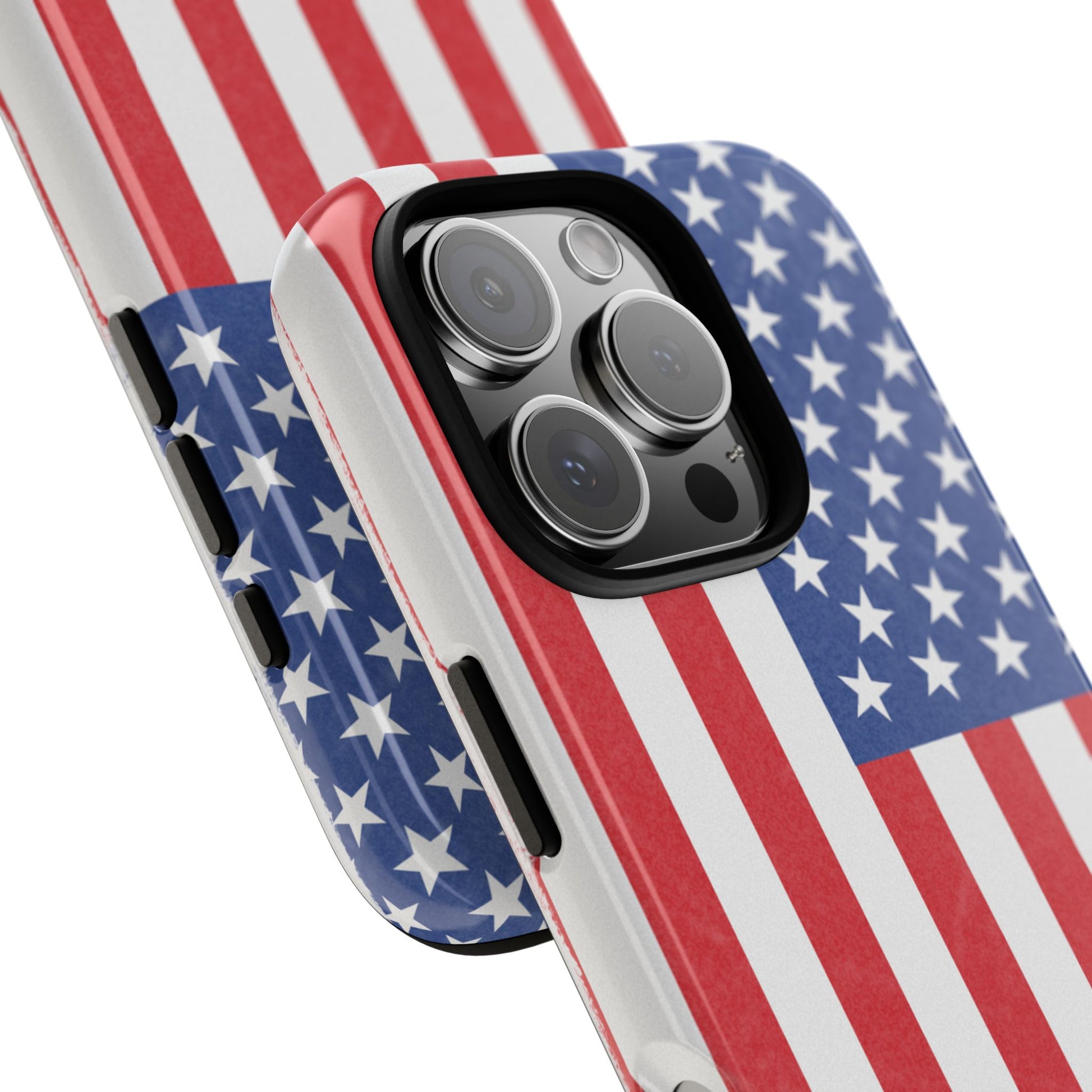 Durable American flag phone case for iPhone with patriotic design, made by Printify, provides protection and style.
