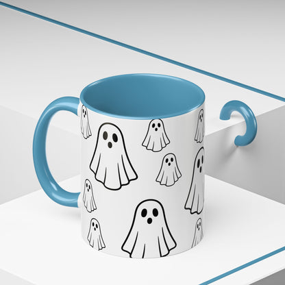 Printify ghost pattern ceramic coffee mug with Halloween-inspired design, 11oz or 15oz size, perfect for festive beverages.