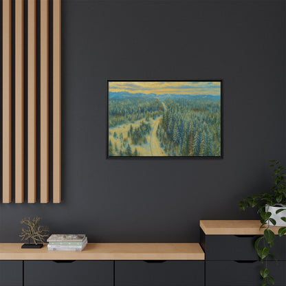 Framed matte canvas print of a serene winter forest landscape by Printify, showcasing snow-covered trees and a peaceful scene.