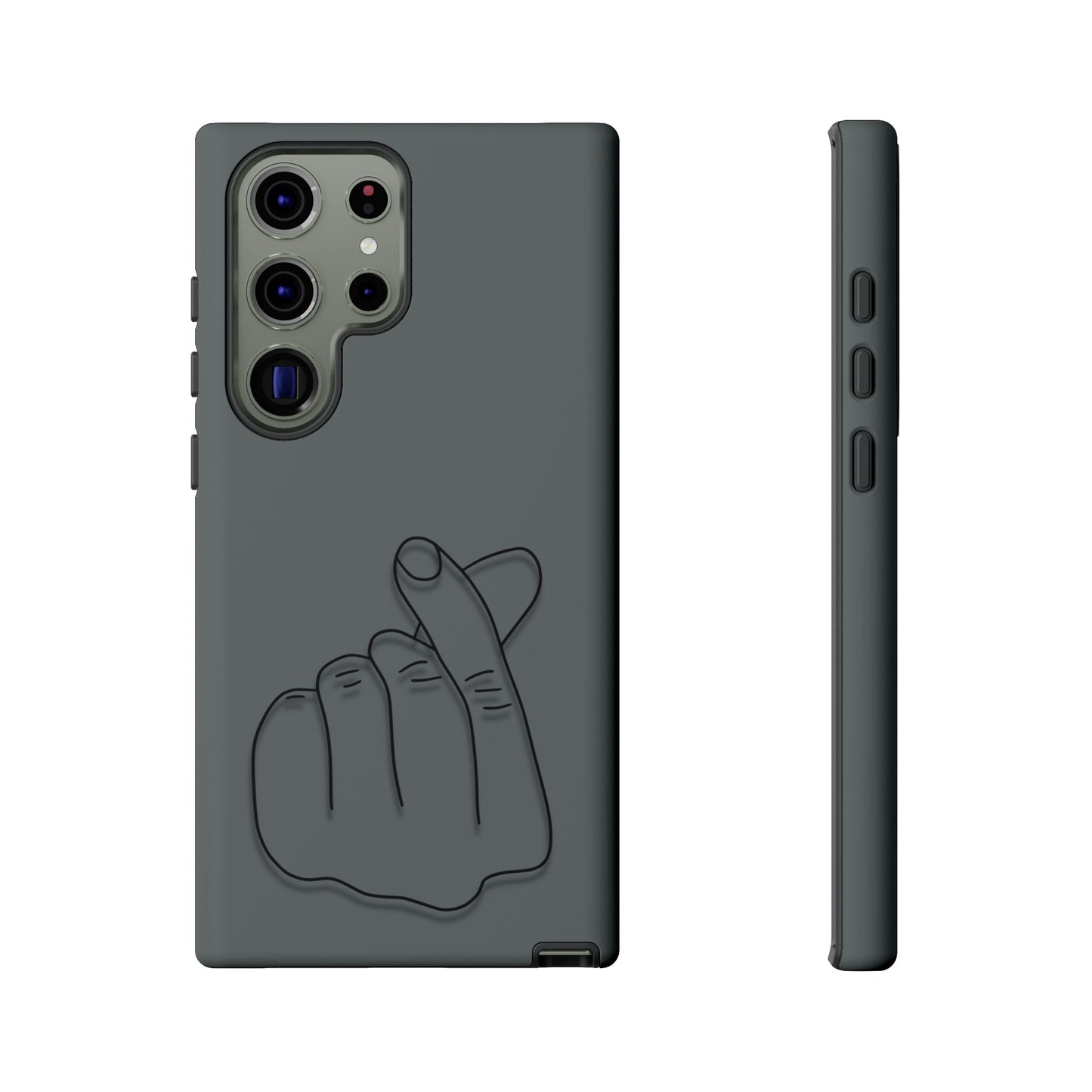 Silicone phone case with embossed Korean finger heart design, featuring Printify branding and a slim, protective fit.
