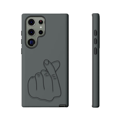 Silicone phone case with embossed Korean finger heart design, featuring Printify branding and a slim, protective fit.