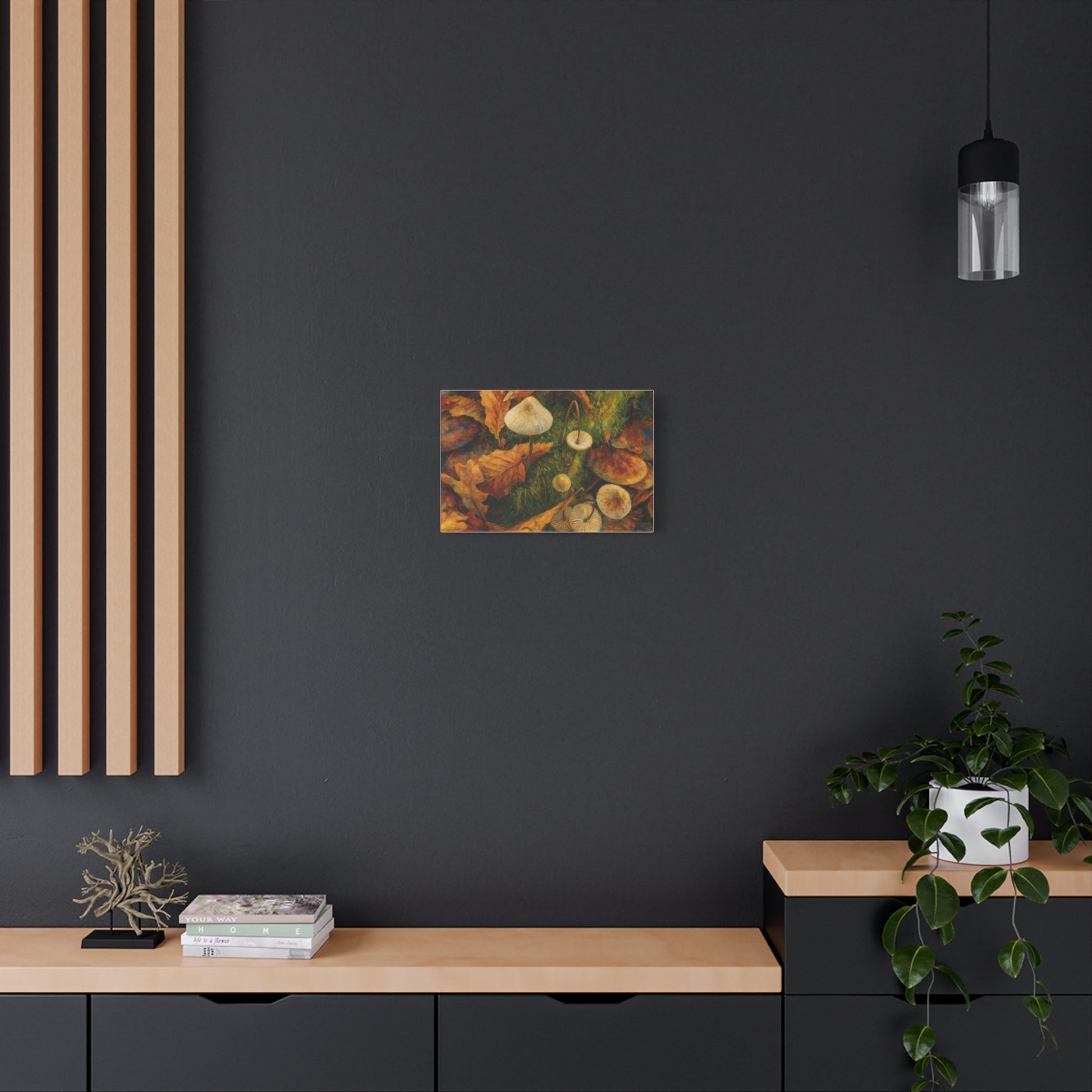 Autumn Mushrooms Canvas print by Printify featuring a detailed illustration of colorful mushrooms on a neutral background.