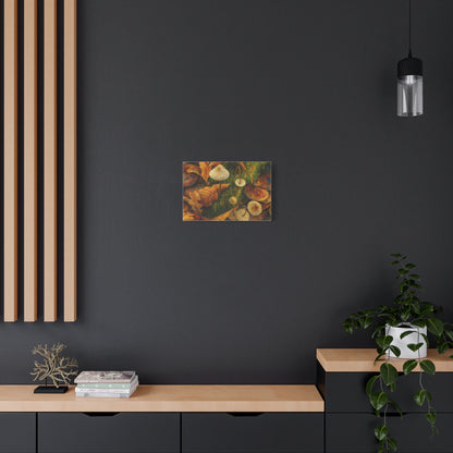 Autumn Mushrooms Canvas print by Printify featuring a detailed illustration of colorful mushrooms on a neutral background.