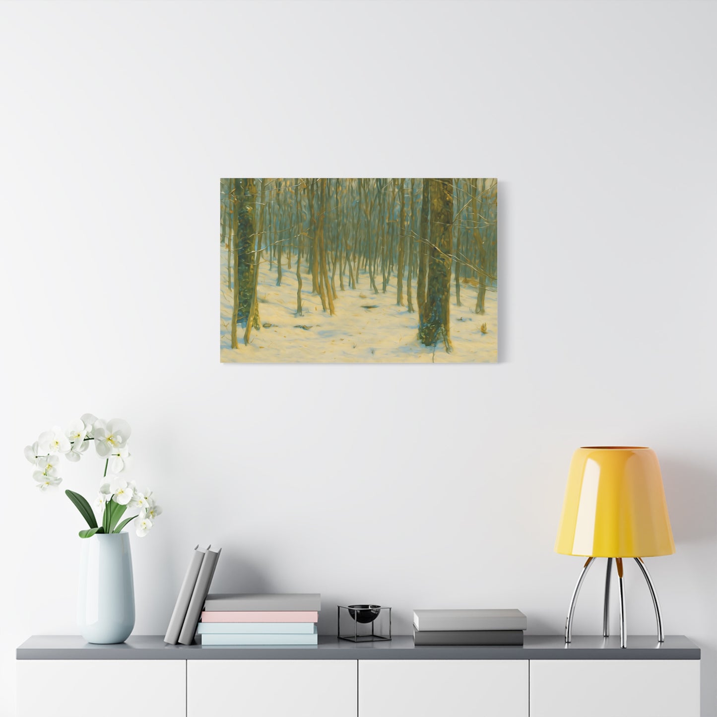 Snowy winter forest scene printed on matte stretched canvas, showcasing snow-covered trees and winter landscape.