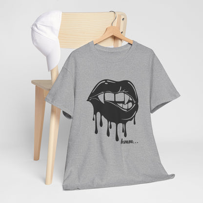 Black graphic T-shirt featuring dripping lips and "hmm..." bite design, printed by Printify.