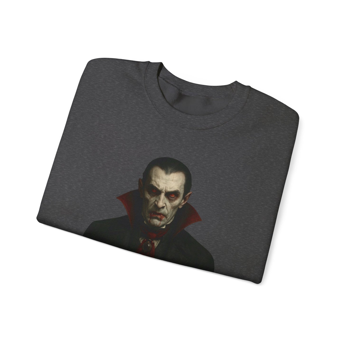 Vampire portrait crewneck sweatshirt by Printify featuring a detailed vampire graphic on a comfortable black sweatshirt.