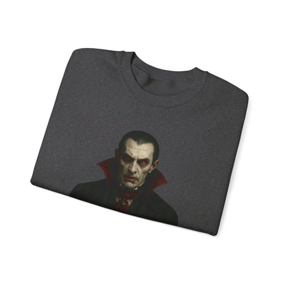 Vampire portrait crewneck sweatshirt by Printify featuring a detailed vampire graphic on a comfortable black sweatshirt.