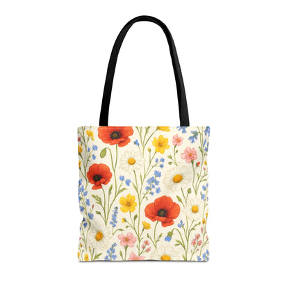 Wildflower Poppy print tote bag by Printify featuring a floral all-over pattern and durable fabric.