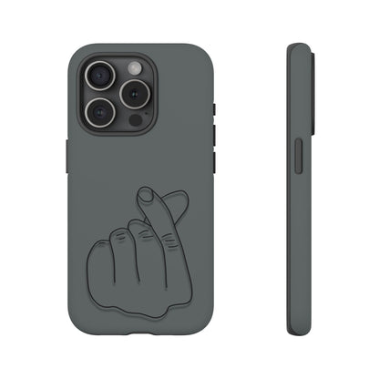 Silicone phone case with embossed Korean finger heart design, compatible with smartphones, by Printify.
