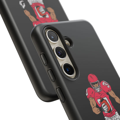 Black football player tough phone case for iPhone, protective sports-themed case by Printify, featuring athletic design and durable material.