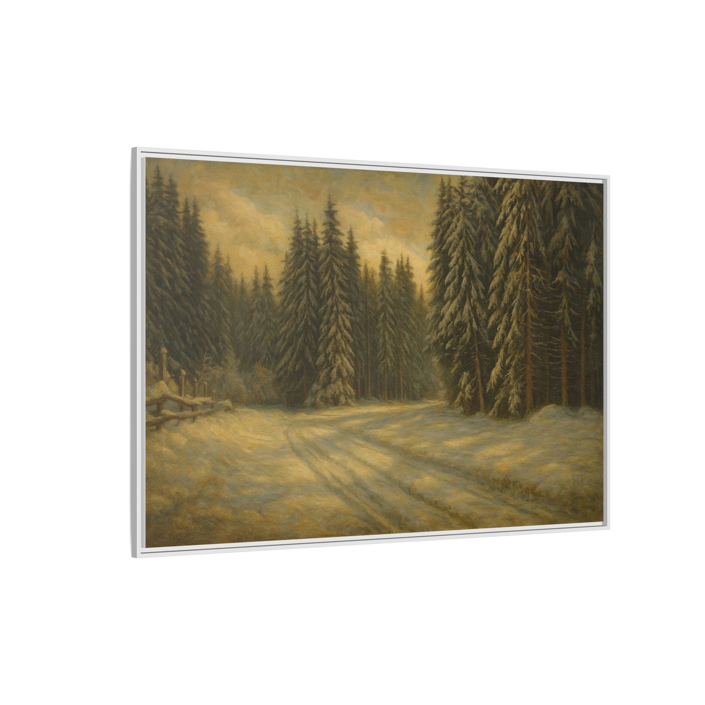 Framed matte canvas wall art of a winter forest landscape, depicting snow-covered trees and a serene woodland scene.