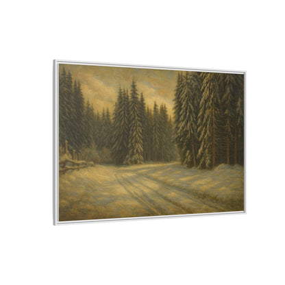 Framed matte canvas wall art of a winter forest landscape, depicting snow-covered trees and a serene woodland scene.
