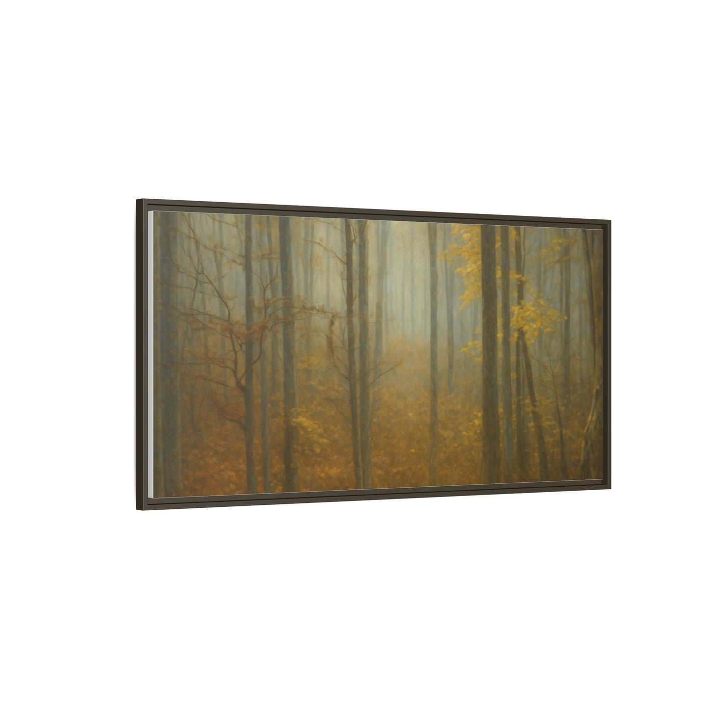Framed matte canvas wall art of a misty autumn forest with vibrant fall foliage, by Printify.