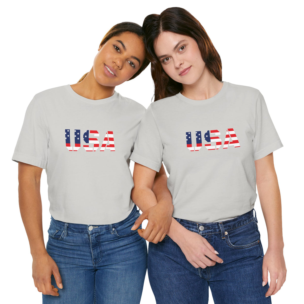 USA flag text T-shirt by Printify with patriotic Fourth of July design, featuring bold red, white, and blue colors.