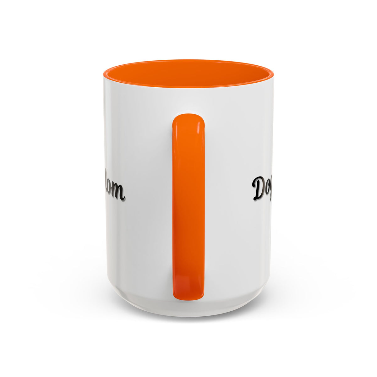 Dog Mom Accent Coffee Mug — white ceramic coffee mug with retro script "Dog Mom" print, colored interior and C-handle, 11oz/15oz, handle and interior color detail