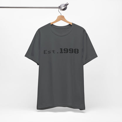 Vintage Est. 1998 T-Shirt by Printify featuring a graphic design celebrating the year of birth on a casual tee.