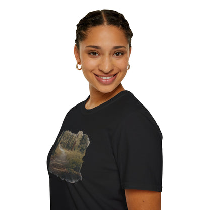 Vintage forest landscape T-shirt from Printify featuring a nature pathway design on a casual cotton tee.
