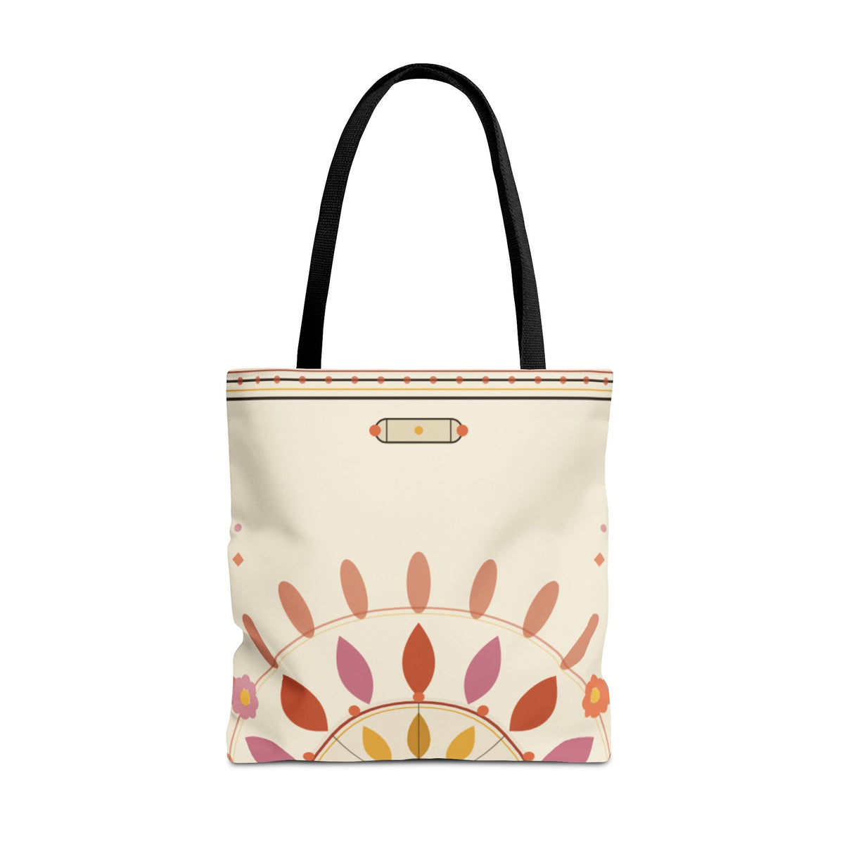 Boho floral mandala tote bag with pastel sunburst pattern, featuring a vibrant, artistic design on a casual tote bag by Printify.