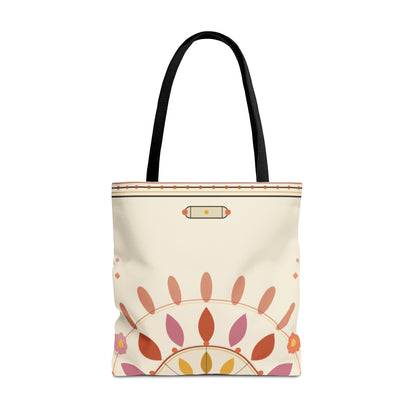 Boho floral mandala tote bag with pastel sunburst pattern, featuring a vibrant, artistic design on a casual tote bag by Printify.