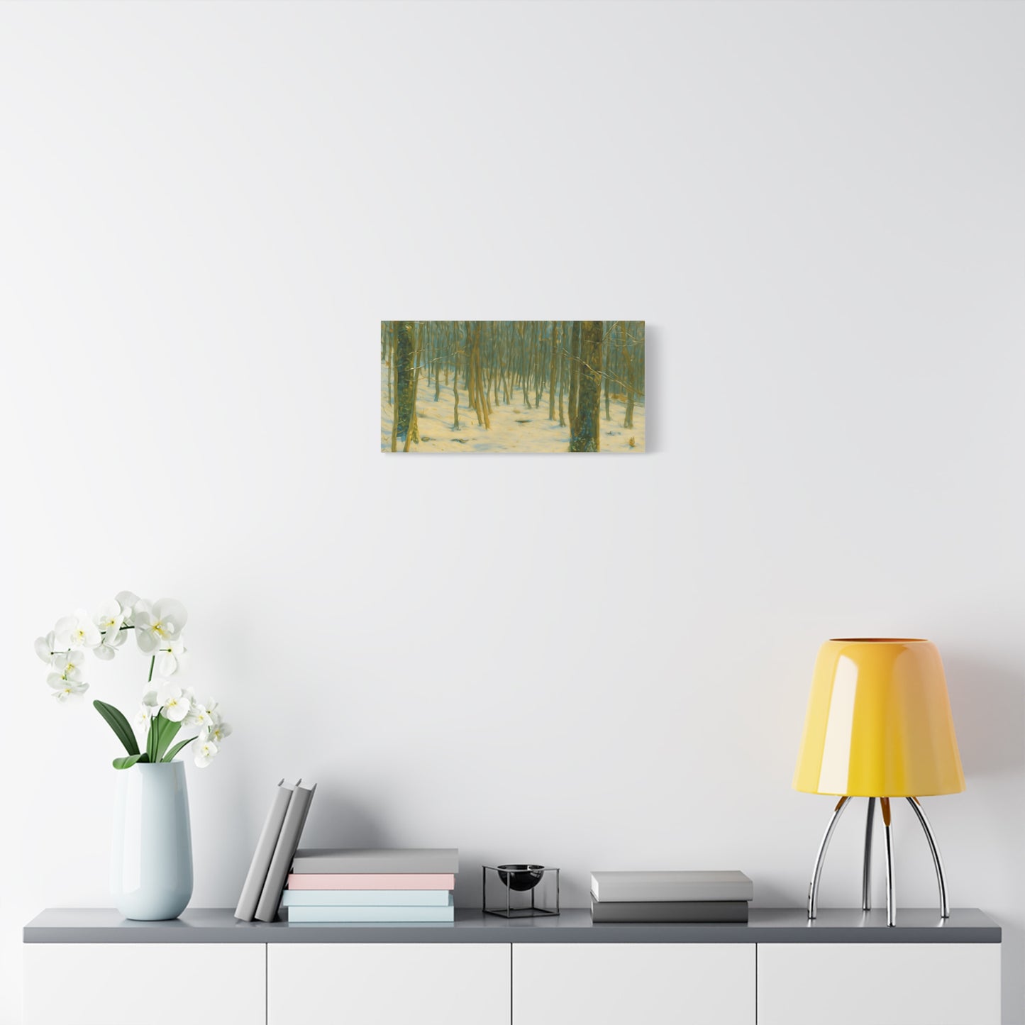 Snowy winter forest scene on stretched matte canvas print by Printify, showcasing a peaceful winter landscape.