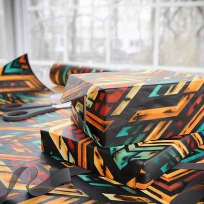 Geometric Boho Wrapping Paper Roll — Teal & Burnt Orange Tribal Pattern