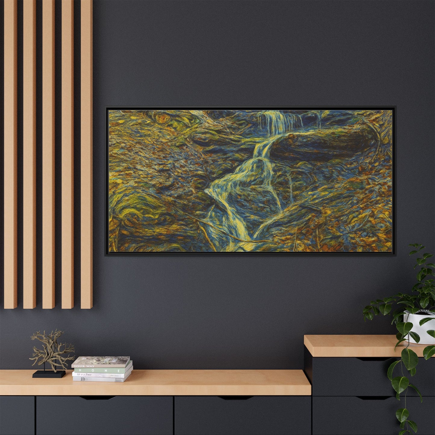 Framed matte canvas wall art of an autumn forest waterfall, featuring vibrant fall colors and a serene natural scene.