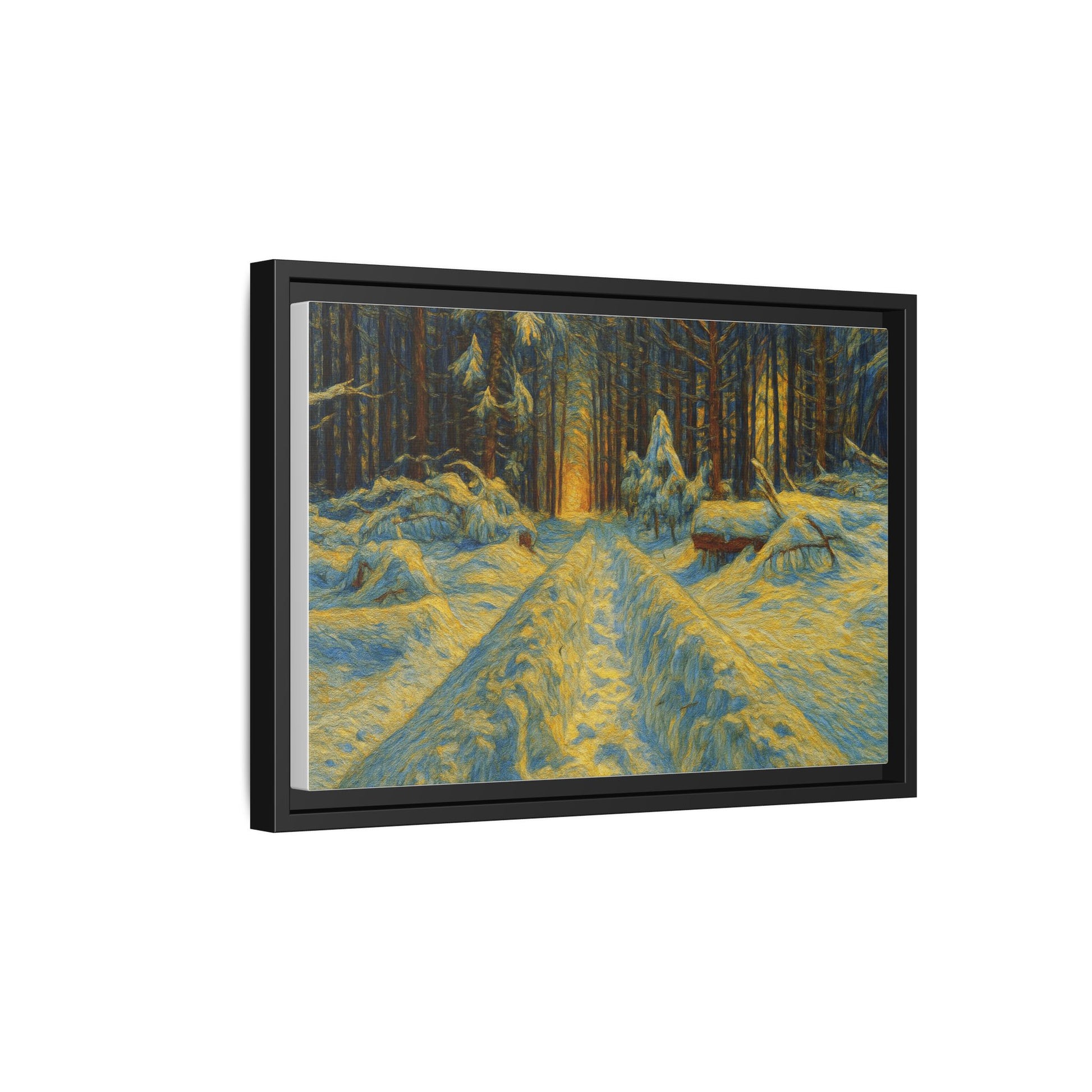 Framed matte canvas print of a snowy forest path at sunset, wall art by Printify showcasing winter landscape scenery.