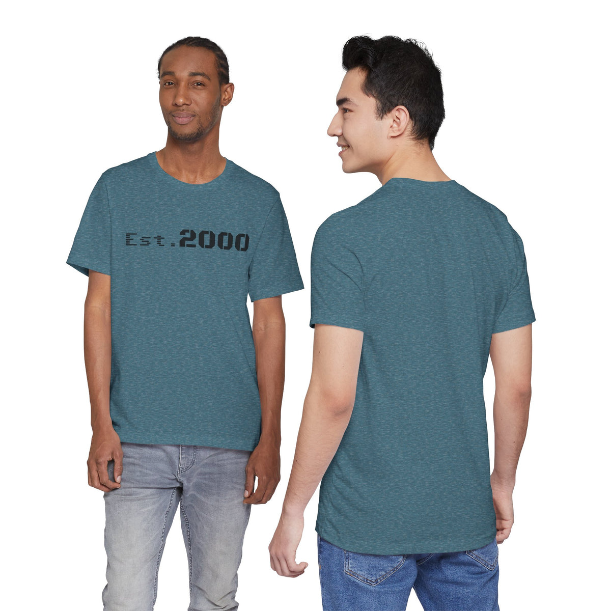Retro pixel design T-shirt with "Born in 2000" text, printed on a casual Printify T-shirt, celebrating the year 2000.