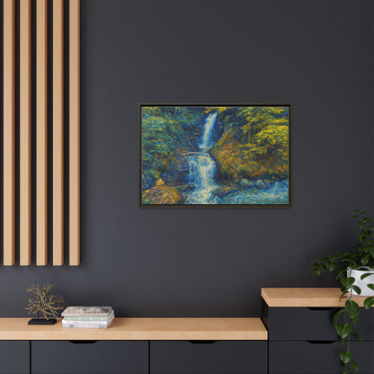 Framed matte canvas print of impressionist waterfall wall art by Printify, showcasing vibrant water and landscape details.