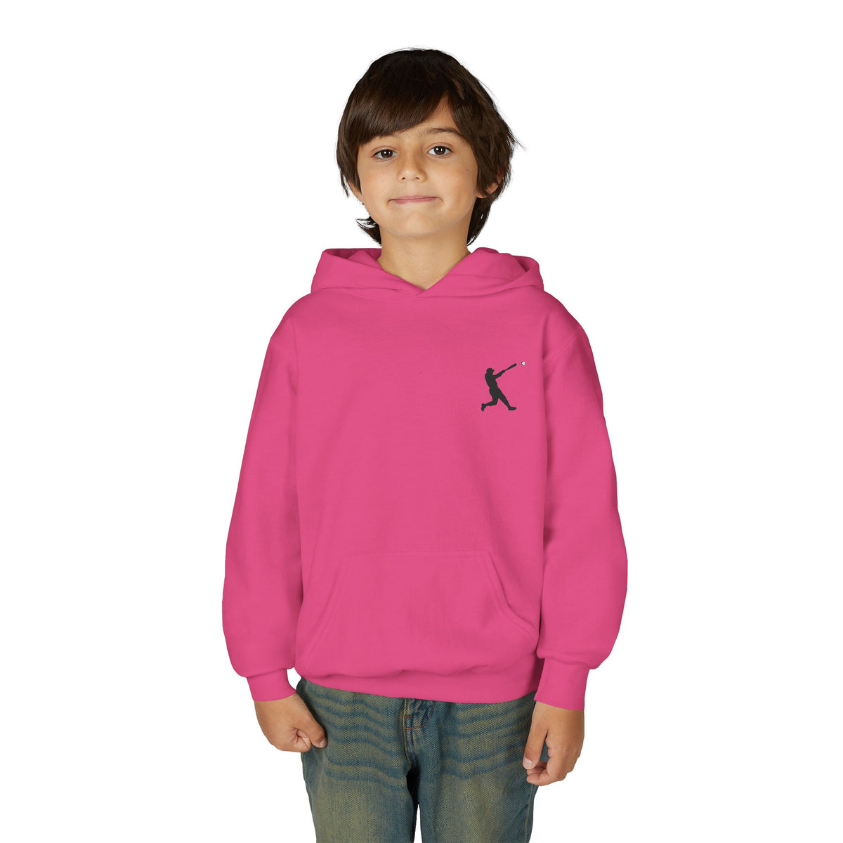 Kids Youth Baseball Silhouette Hoodie by Printify, featuring a baseball player design on a comfortable pullover for children.