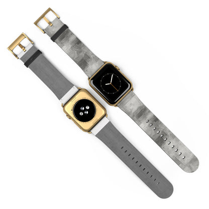 Gray watercolor camouflage Apple Watch band with neutral abstract design, made by Printify, shown on an Apple Watch.