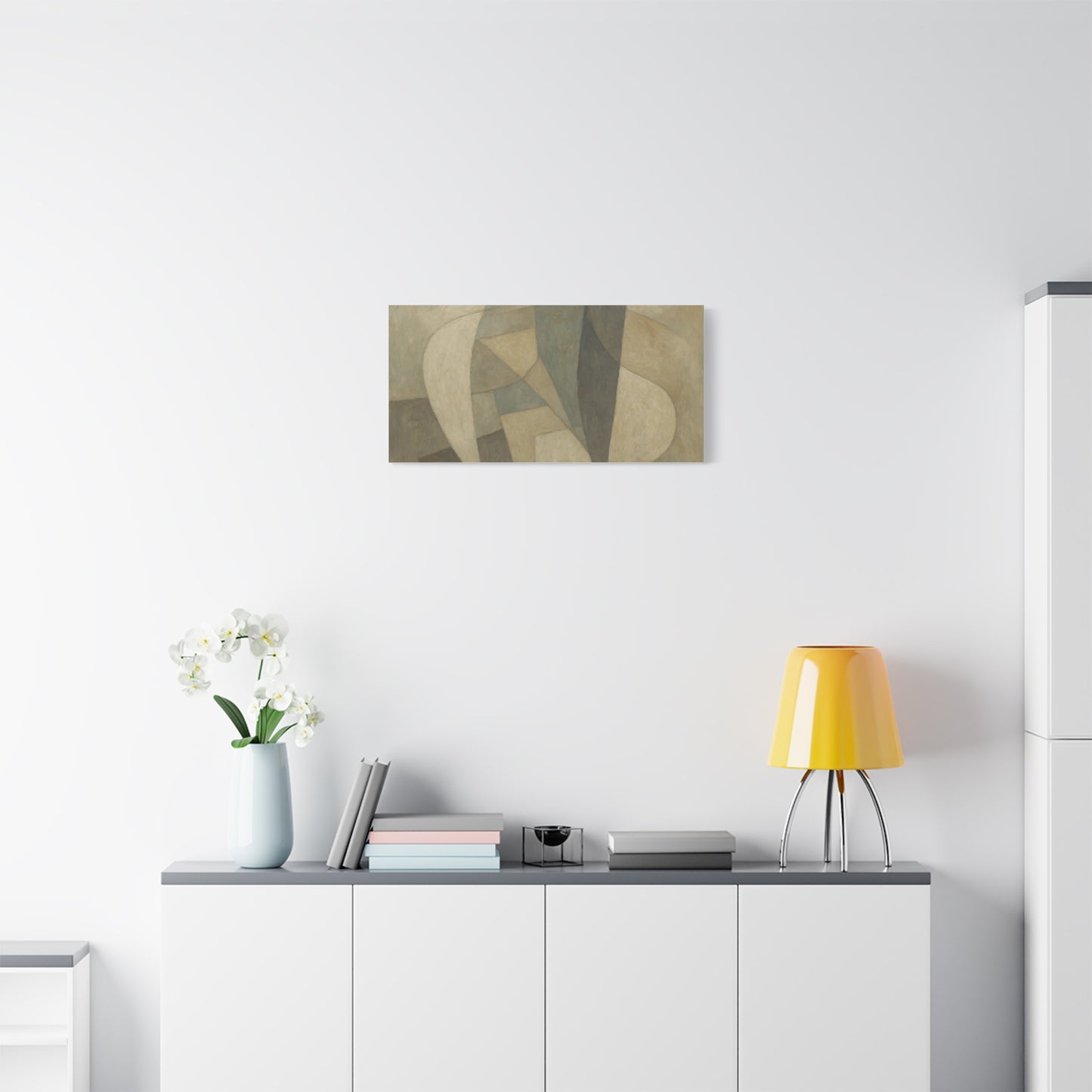 Abstract neutral geometric shapes on matte canvas, modern wall art by Printify featuring minimalist design.