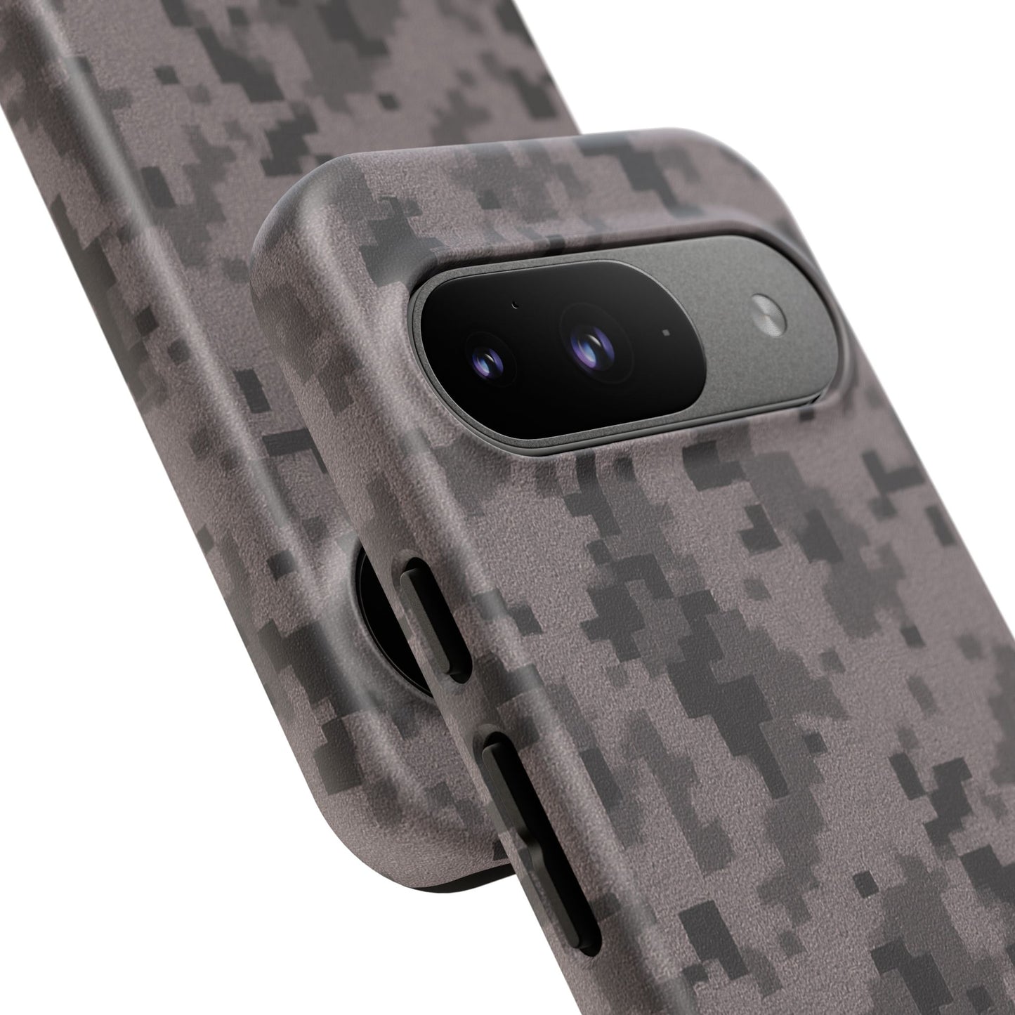 Gray digital camouflage phone case by Printify, tough protective cover designed for smartphones with a sleek camo pattern.