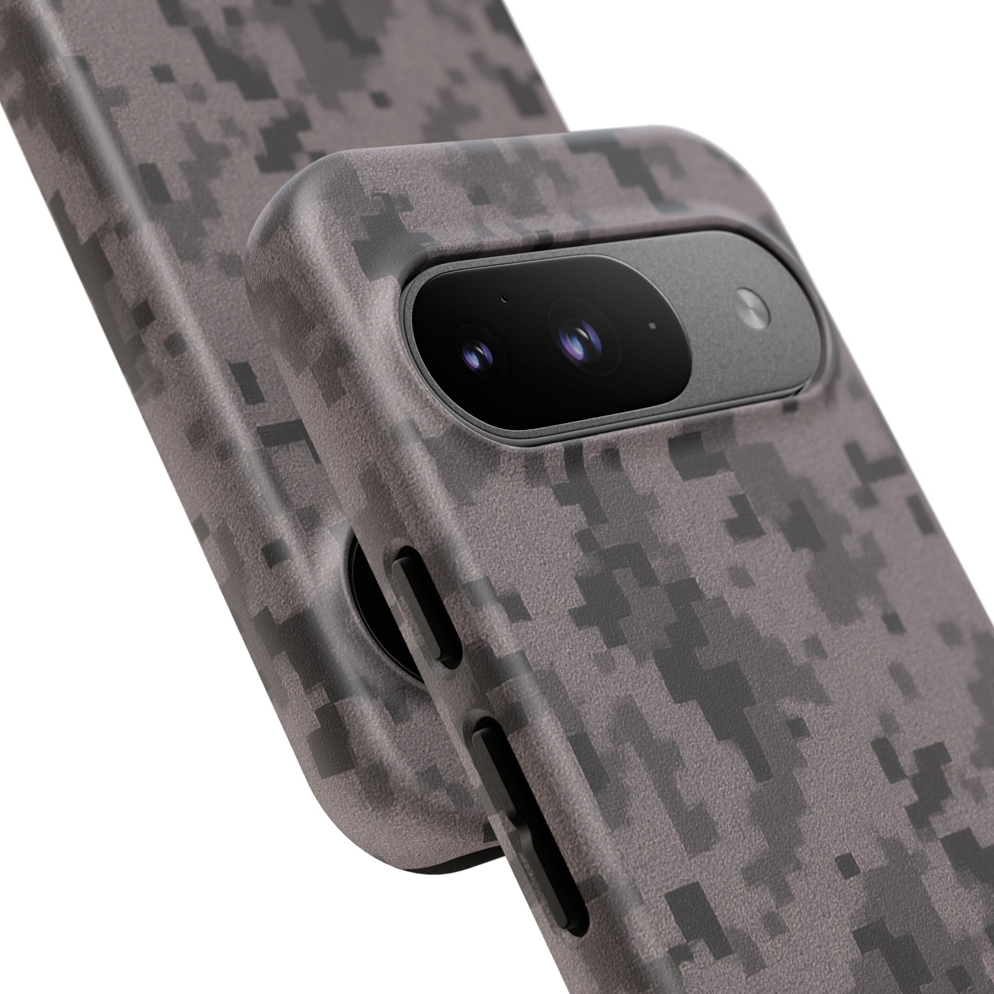 Gray digital camouflage phone case by Printify, tough protective cover designed for smartphones with a sleek camo pattern.