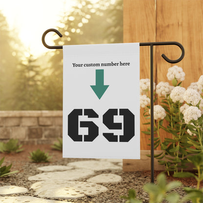 Personalized garden flag with custom house number sign from Printify, featuring vibrant colors and decorative design.