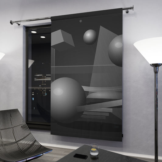 Black and gray abstract geometric spheres window curtain featuring modern design, ideal for contemporary home decor.