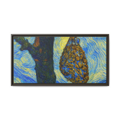 Framed matte canvas art of a starry nut cluster with dried plum in a tree, displayed on a wall.