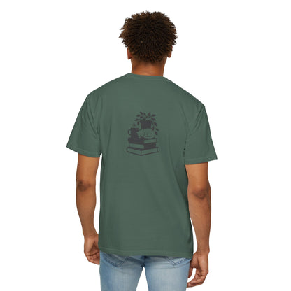 Cozy Cat on Books T-Shirt | Reading Tea Stack Illustration