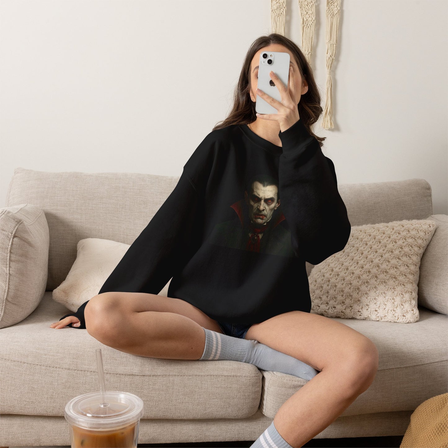 Black Vampire Portrait crewneck sweatshirt from Printify with a detailed vampire face graphic on front.