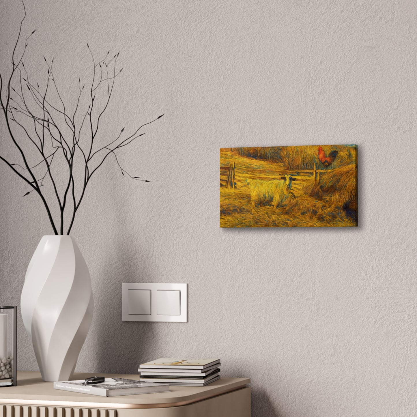 Rustic Farmhouse Canvas Print with Goat and Rooster, Country Decor, Animal Art, Gift for Farmers, Farmhouse Wall Art, Rustic Home Decor
