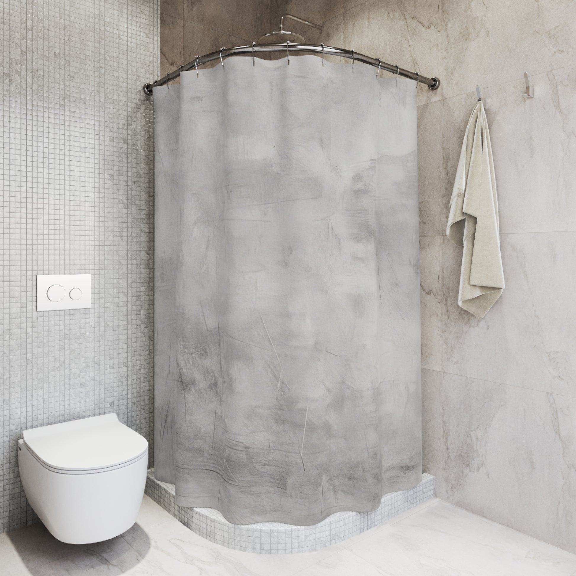 Gray shower curtain by Printify featuring a minimalist design, ideal for modern bathroom decor and housewarming gifts.