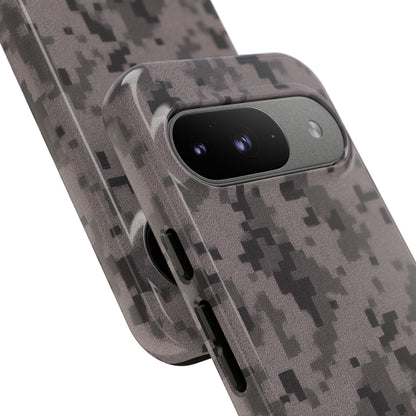 Gray digital camouflage phone case by Printify, tough protective cover for smartphones with a rugged camouflage design.