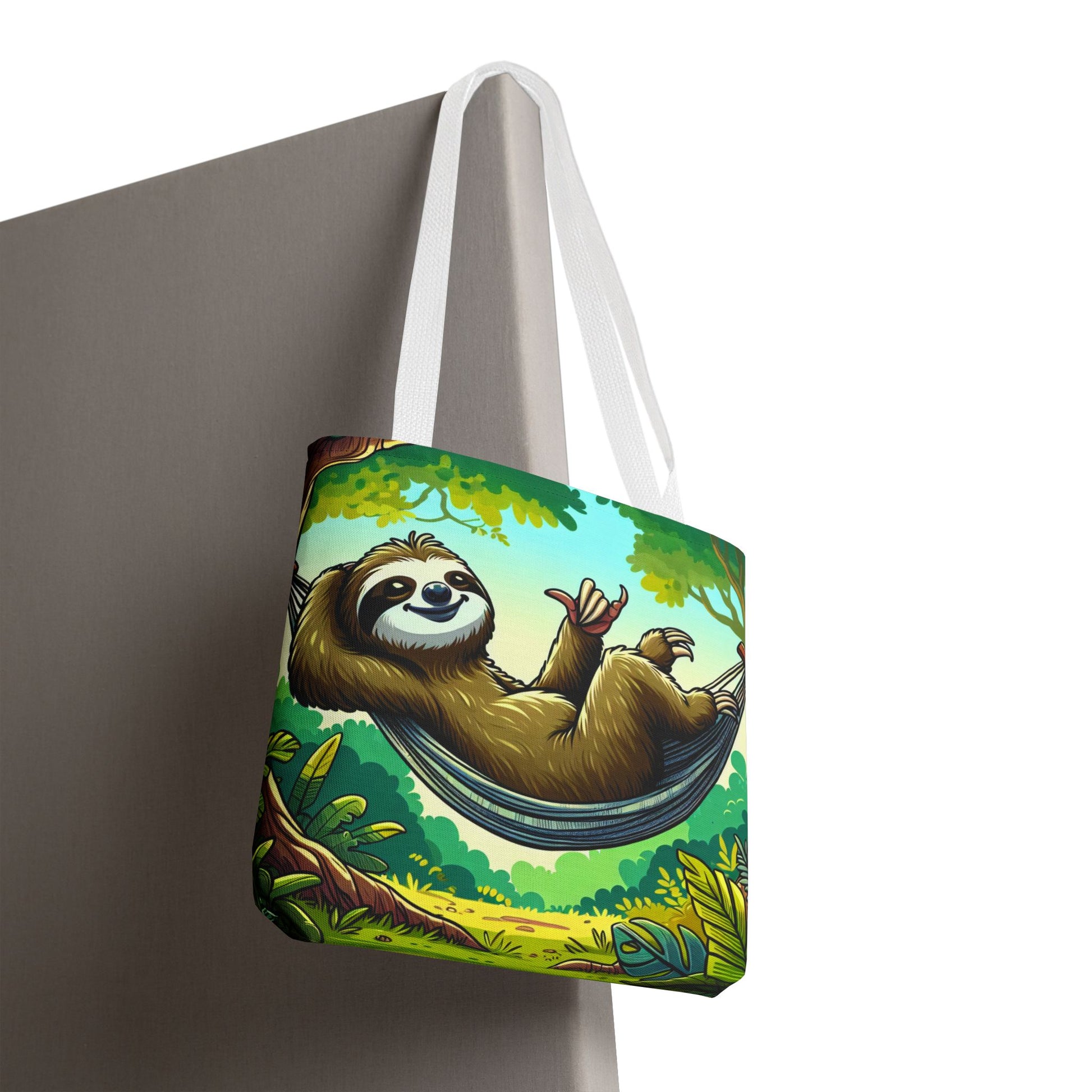 Eco-friendly sloth tote bag featuring a cute sloth design, perfect for animal lovers, by Printify.